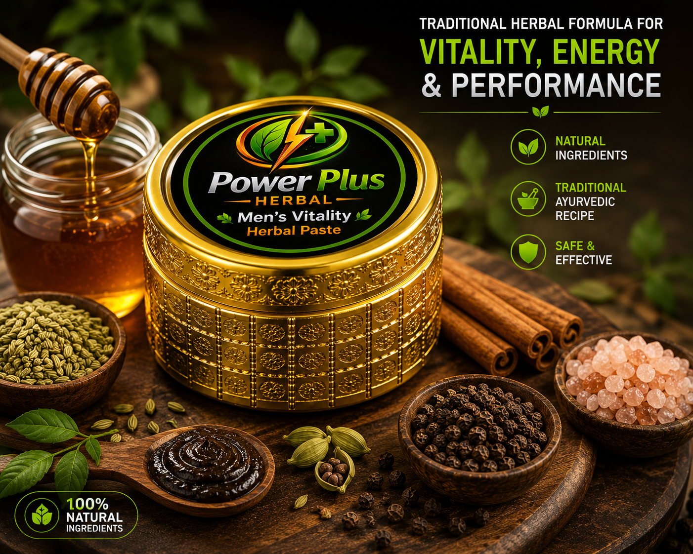 PowerPlus Men's Vitality Herbal Paste Premium Herbal Wellness Formula, PowerPlus Herbal Men's Vitality Paste Luxury Product Display, Premium Herbal Vitality Paste with Natural Ingredients, Natural Vitality Support Herbal Paste by PowerPlus Herbal, Traditional Ayurvedic Inspired Vitality Herbal Formula, Herbal Wellness Paste with Honey Ajwain and Cardamom, Premium Men's Vitality Herbal Paste Product Image, Natural Energy Support Herbal Formula, Herbal Stamina Support Product Photography, PowerPlus Herbal Wellness Supplement