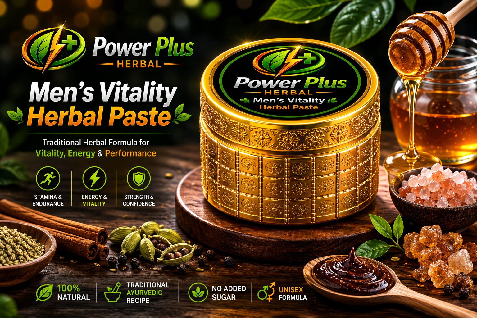 PowerPlus Men's Vitality Herbal Paste Premium Herbal Wellness Formula, PowerPlus Herbal Men's Vitality Paste Luxury Product Display, Premium Herbal Vitality Paste with Natural Ingredients, Natural Vitality Support Herbal Paste by PowerPlus Herbal, Traditional Ayurvedic Inspired Vitality Herbal Formula, Herbal Wellness Paste with Honey Ajwain and Cardamom, Premium Men's Vitality Herbal Paste Product Image, Natural Energy Support Herbal Formula, Herbal Stamina Support Product Photography, PowerPlus Herbal Wellness Supplement