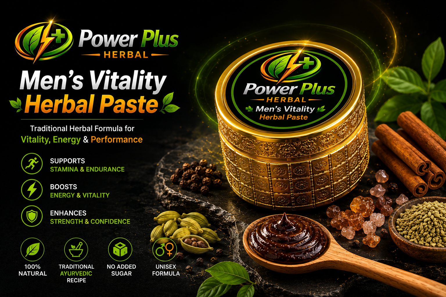 PowerPlus Men's Vitality Herbal Paste Premium Herbal Wellness Formula, PowerPlus Herbal Men's Vitality Paste Luxury Product Display, Premium Herbal Vitality Paste with Natural Ingredients, Natural Vitality Support Herbal Paste by PowerPlus Herbal, Traditional Ayurvedic Inspired Vitality Herbal Formula, Herbal Wellness Paste with Honey Ajwain and Cardamom, Premium Men's Vitality Herbal Paste Product Image, Natural Energy Support Herbal Formula, Herbal Stamina Support Product Photography, PowerPlus Herbal Wellness Supplement
