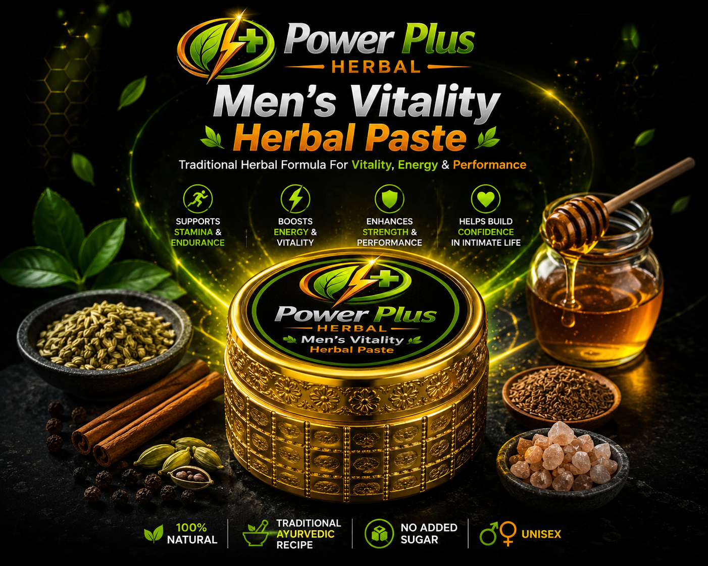 PowerPlus Men's Vitality Herbal Paste Premium Herbal Wellness Formula, PowerPlus Herbal Men's Vitality Paste Luxury Product Display, Premium Herbal Vitality Paste with Natural Ingredients, Natural Vitality Support Herbal Paste by PowerPlus Herbal, Traditional Ayurvedic Inspired Vitality Herbal Formula, Herbal Wellness Paste with Honey Ajwain and Cardamom, Premium Men's Vitality Herbal Paste Product Image, Natural Energy Support Herbal Formula, Herbal Stamina Support Product Photography, PowerPlus Herbal Wellness Supplement