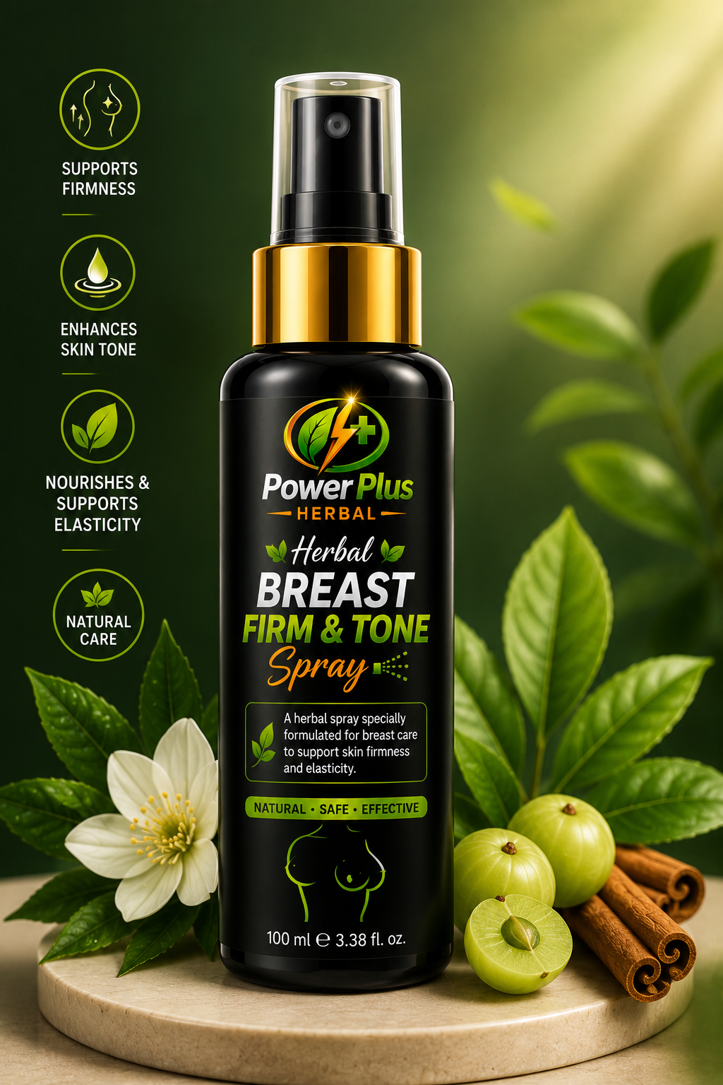 Front view of PowerPlus Herbal Breast Firm & Tone Spray skincare product, breast firming spray, breast tone spray, herbal breast spray, breast care spray, skin firmness spray, skin elasticity support, breast skin care, natural breast care, herbal skin tightening spray, breast beauty spray, breast firm and tone spray, PowerPlus Herbal